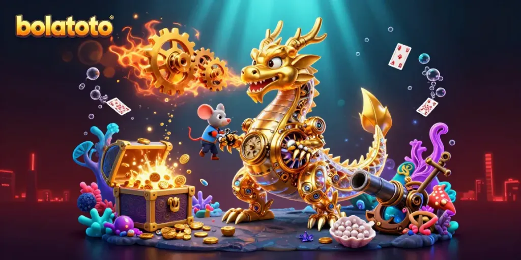 Experience bolatoto magic with a vibrant 3D scene filled with golden treasures and gaming elements.