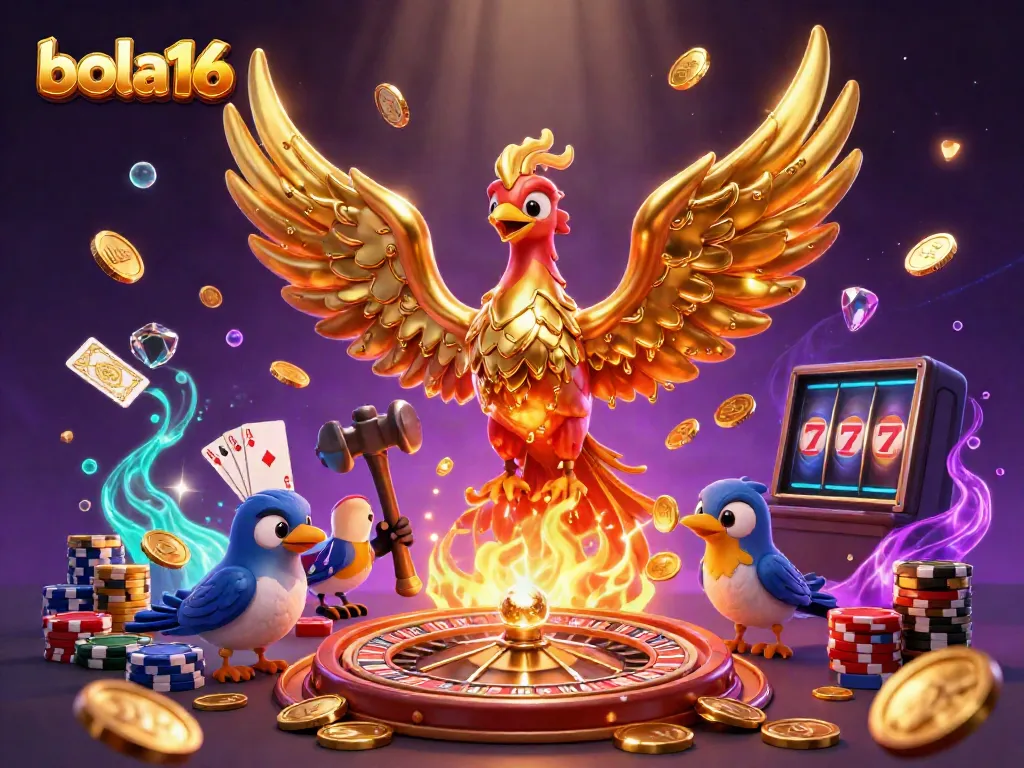 Bola16 showcases a vibrant 3D phoenix and game elements, embodying thrilling gambling adventures.