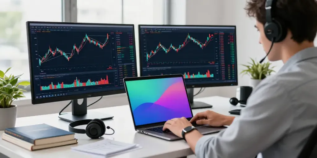 Trader using tradingview官网 on dual monitors in a stylish office.