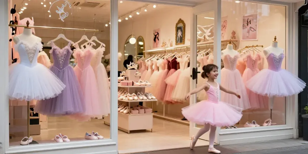 Vibrant display of tutus in a charming tutu store with a joyful young girl dancing in a pink tutu.