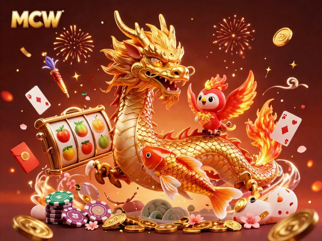 MCW casino gaming adventure with a golden dragon, red phoenix, and koi fish amid vibrant slot symbols and fireworks.