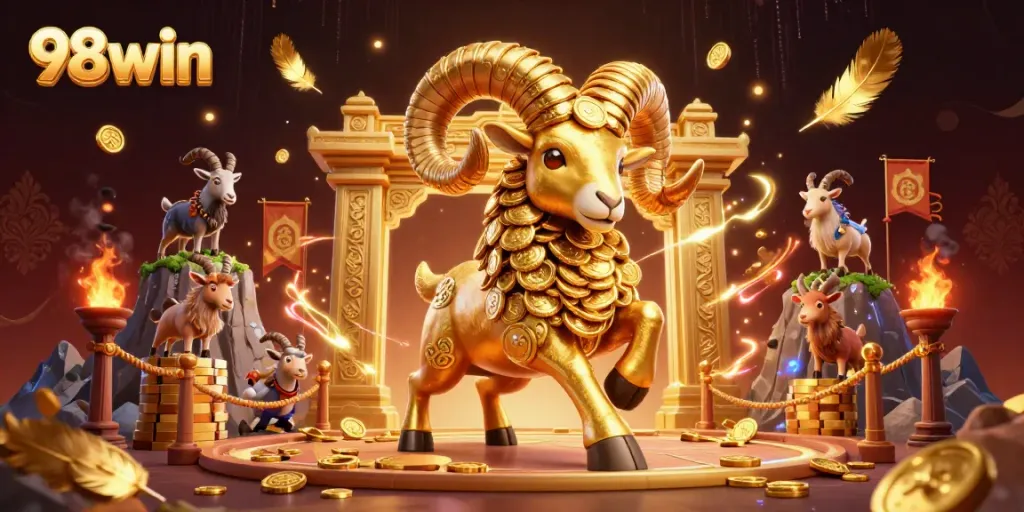 Win big at 98win's exciting battles with a golden ram charging through a virtual gaming arena.