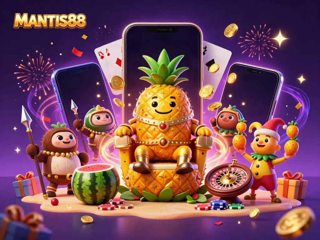 MANTIS88 slot game scene featuring a golden pineapple king on a throne, surrounded by festive gambling elements.