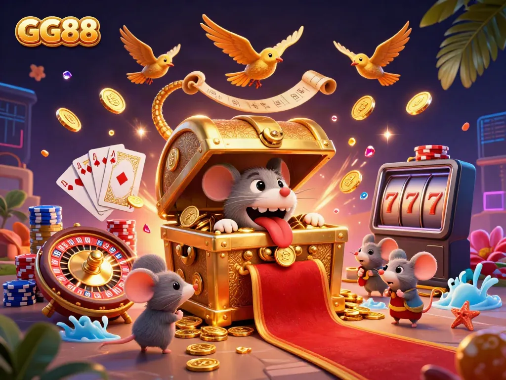 Experience the excitement of GG88's vibrant casino world with captivating treasures, gaming elements, and dynamic visuals.