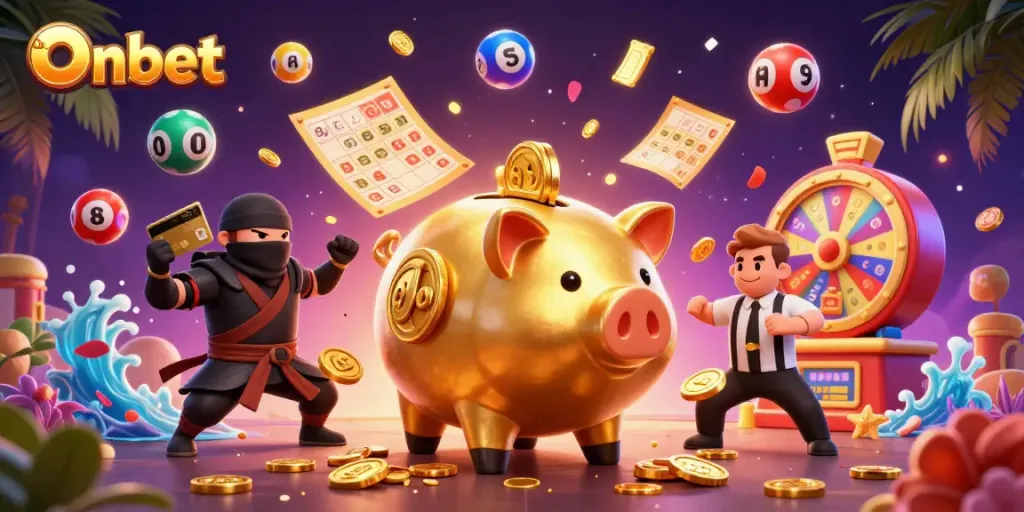 Experience the excitement of Onbet as the sumo piggy bank and friends celebrate with vibrant casino elements.