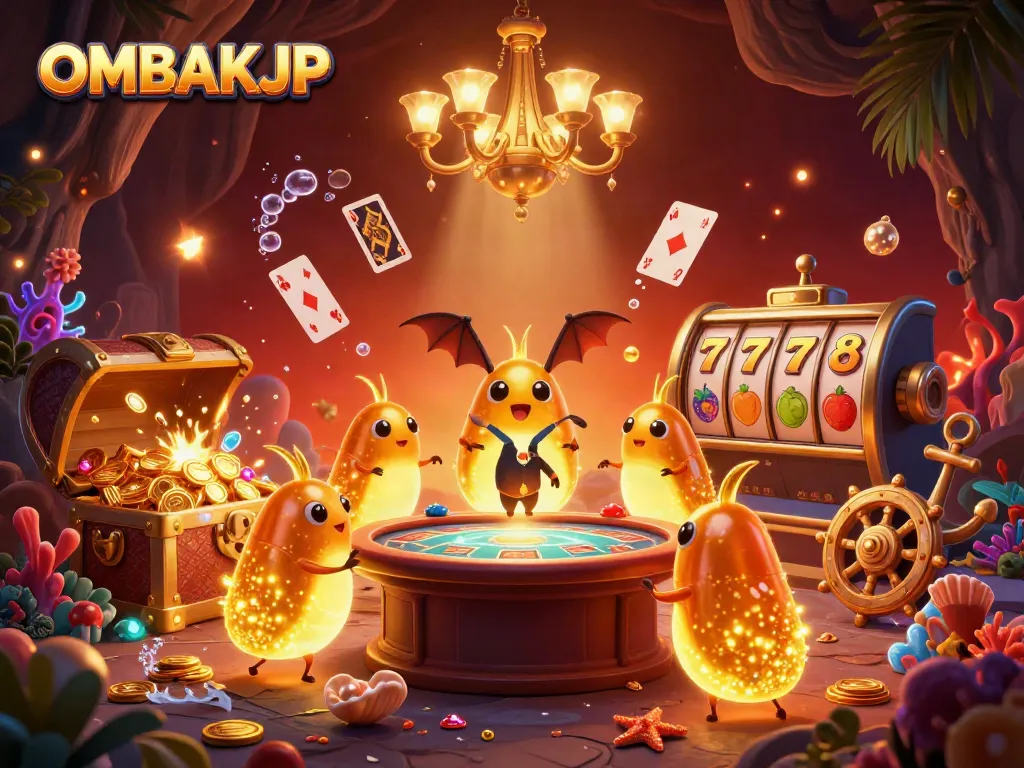 Experience the glow of OMBAKJP as glowworms illuminate a thrilling cave casino scene.