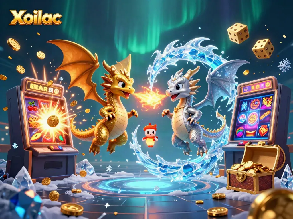 Xoilac showcases exciting scenes with twin dragons and dynamic casino elements in a vibrant illustration.