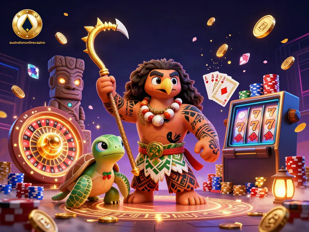 Play exciting casino games at australianonlinecasino with vibrant characters, sparkling coins, and thrilling slots.