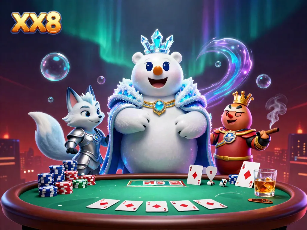 Experience the thrill of XX8 casino with vibrant characters and dynamic poker action.