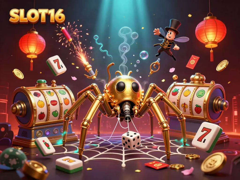 Experience the vibrant energy of SLOT16 in this dynamic casino-themed illustration.