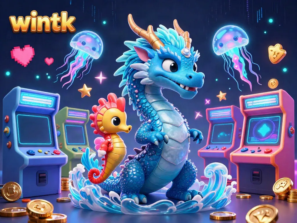 Engage with the mystical wintk casino experience, highlighted by an azure dragon and vibrant arcade games.