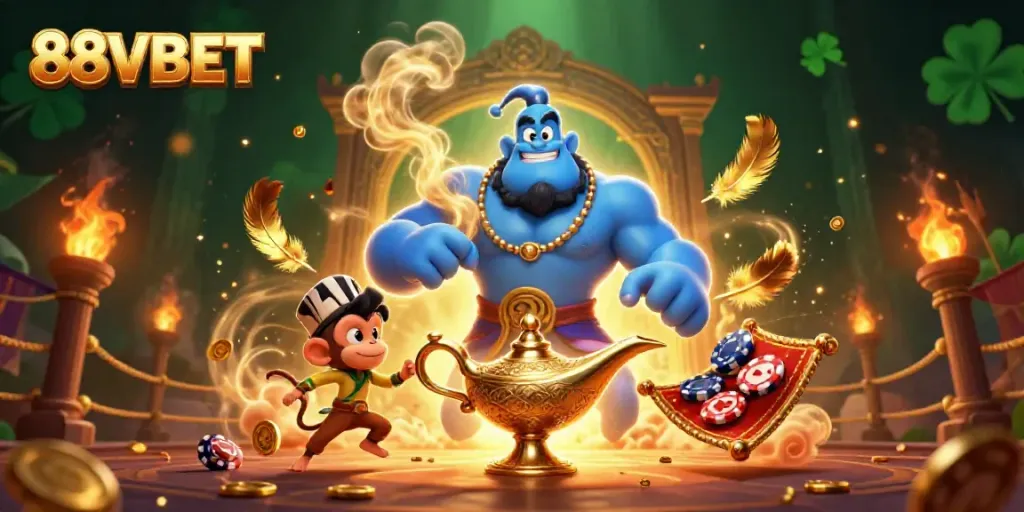 Experience the thrilling 88VBET adventure with a genie, monkey, and poker chips in a magical casino scene.