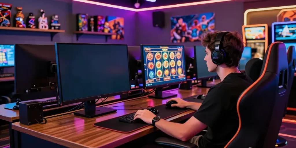 Engaged player enjoying pesgslot interface within a vibrant gaming room.