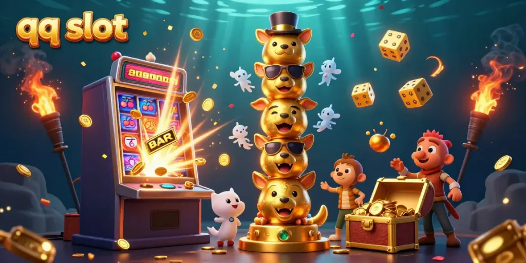 Spin to win with qq slot in a vibrant casino scene bursting with colors and excitement.