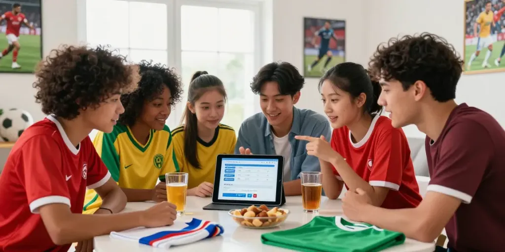 Friends engaging in soccer betting on WWBOLA platform, showcasing vibrant living room energy.