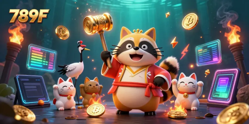 Immerse in 789F's vibrant casino atmosphere with cheerful tanuki and crypto elements