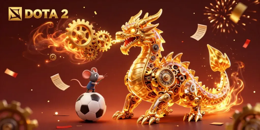 DOTA 2 sports betting scene with a biomechanical dragon and golden elements celebrating winnings.