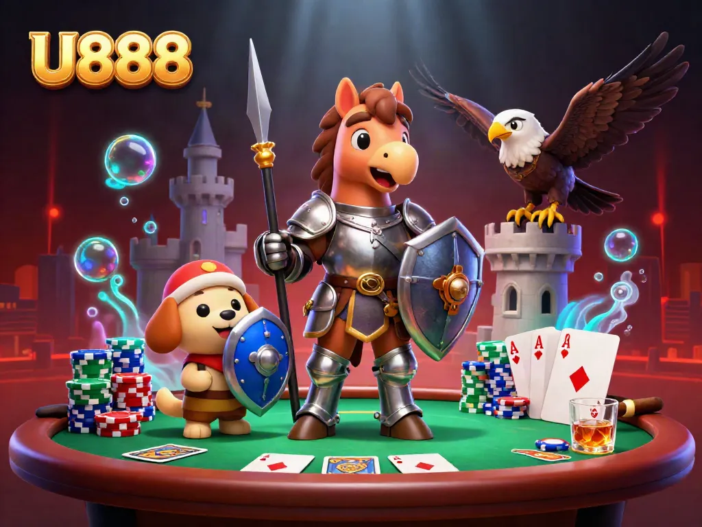 Experience thrilling gameplay at U888 with a knight, puppy, and falcon amidst poker action.