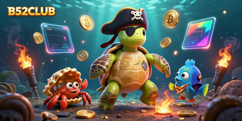 Engage in thrilling games at B52CLUB with an illustration showcasing a pirate turtle and treasures.