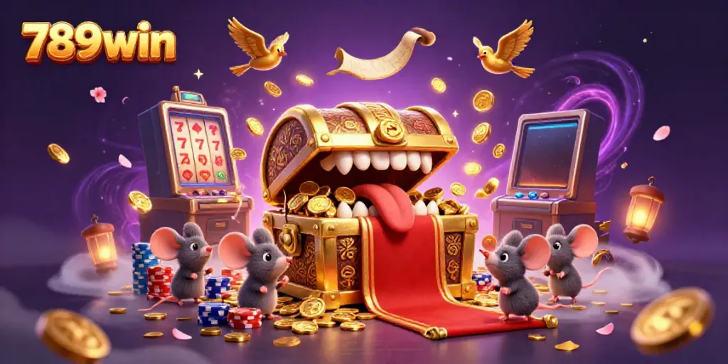Engage with thrilling adventures at 789win, featuring a treasure chest and magical casino elements.