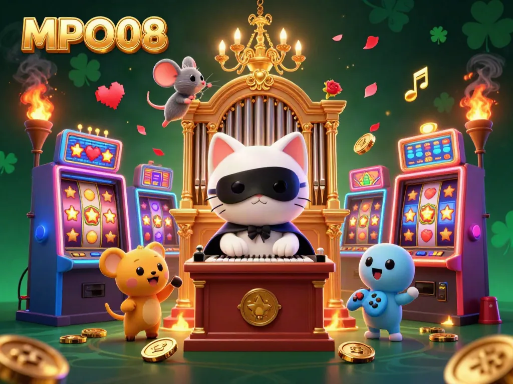 Experience the excitement of MPO08 with a thrilling casino scene featuring a phantom cat and a mouse acrobat.