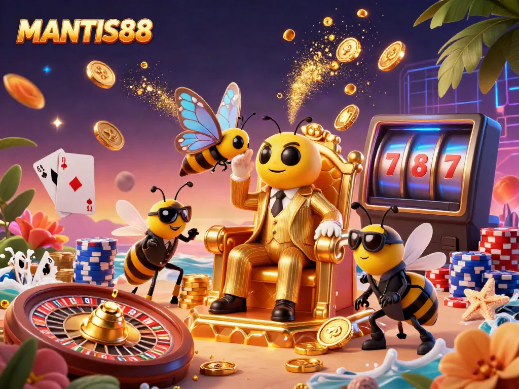 MANTIS88 illustrates a vibrant casino scene with golden coins, a bumblebee mob boss, and powerful game elements.