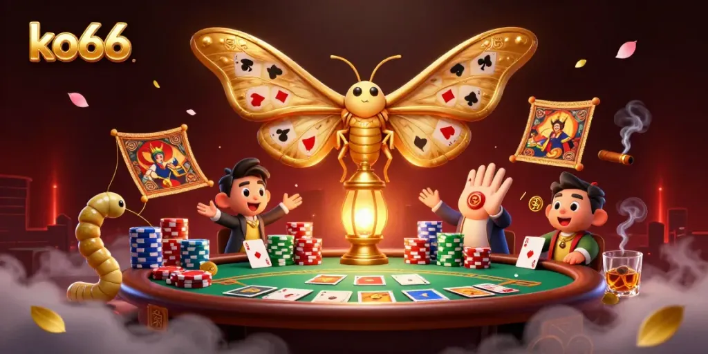 Experience vibrant casino action with ko66 as a 3D atlas moth illuminates a luxurious gaming scene.