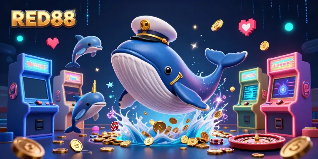 Engage with RED88’s thrilling casino adventure featuring a cartoon whale breaching coins and vibrant game elements