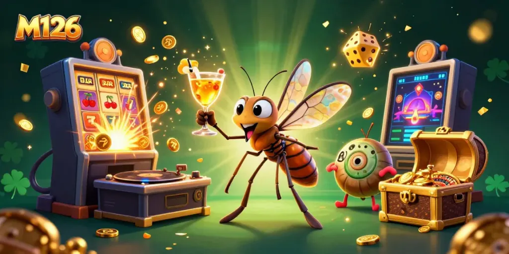 Engage with M126's thrilling casino theme featuring lively characters and dynamic game graphics.