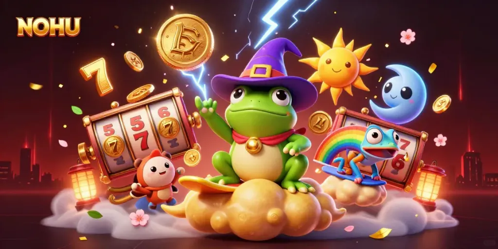 Experience the excitement of NOHU with a colorful 3D casino scene featuring a wizard frog and chameleon among jackpots and vibrant symbols.