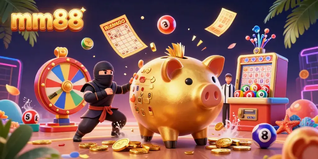 mm88 gaming scene featuring a golden piggy bank sumo wrestler, colorful lottery elements, and action