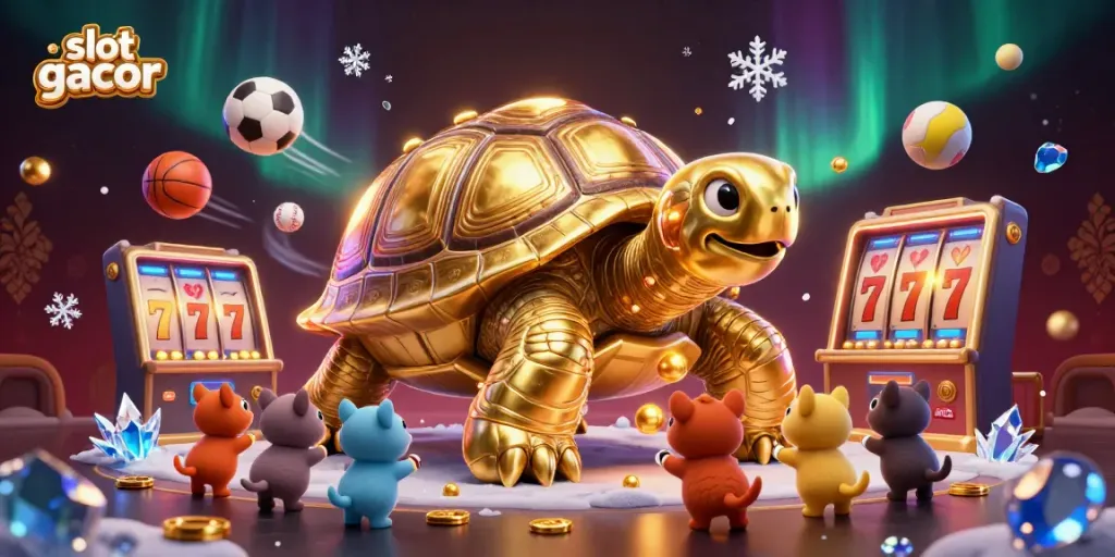 Engage with stunning slot gacor action featuring a golden tortoise pinball, slot reels, and excited players.