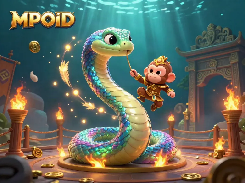 MPOID showcases an enchanting 3D illustration with a rainbow serpent and playful monkey king, set in a vibrant casino scene.