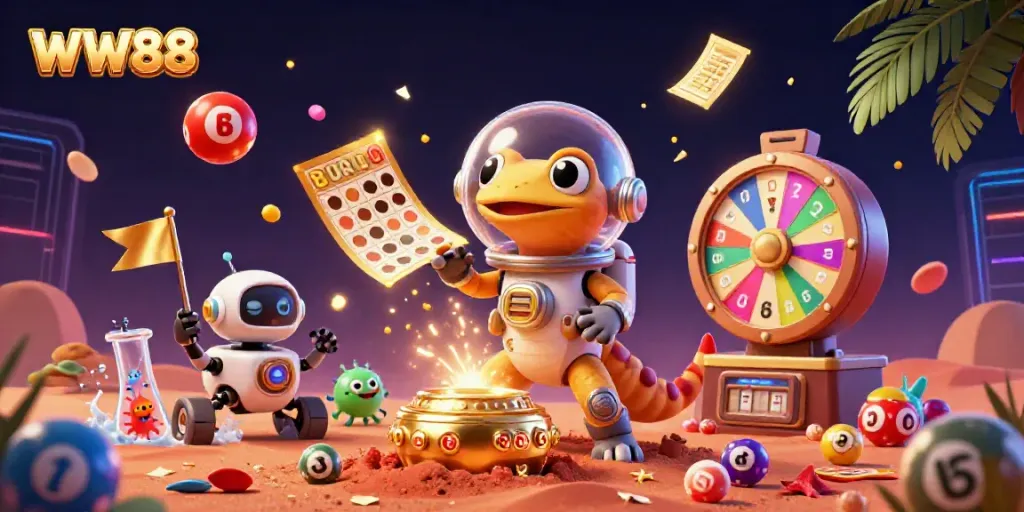 Engage in WW88's vibrant casino universe with animated aliens, lively games, and thrilling prizes.